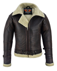 BGA Men's Leather Aviator Bomber Jacket Sheepskin Fur Double Collar