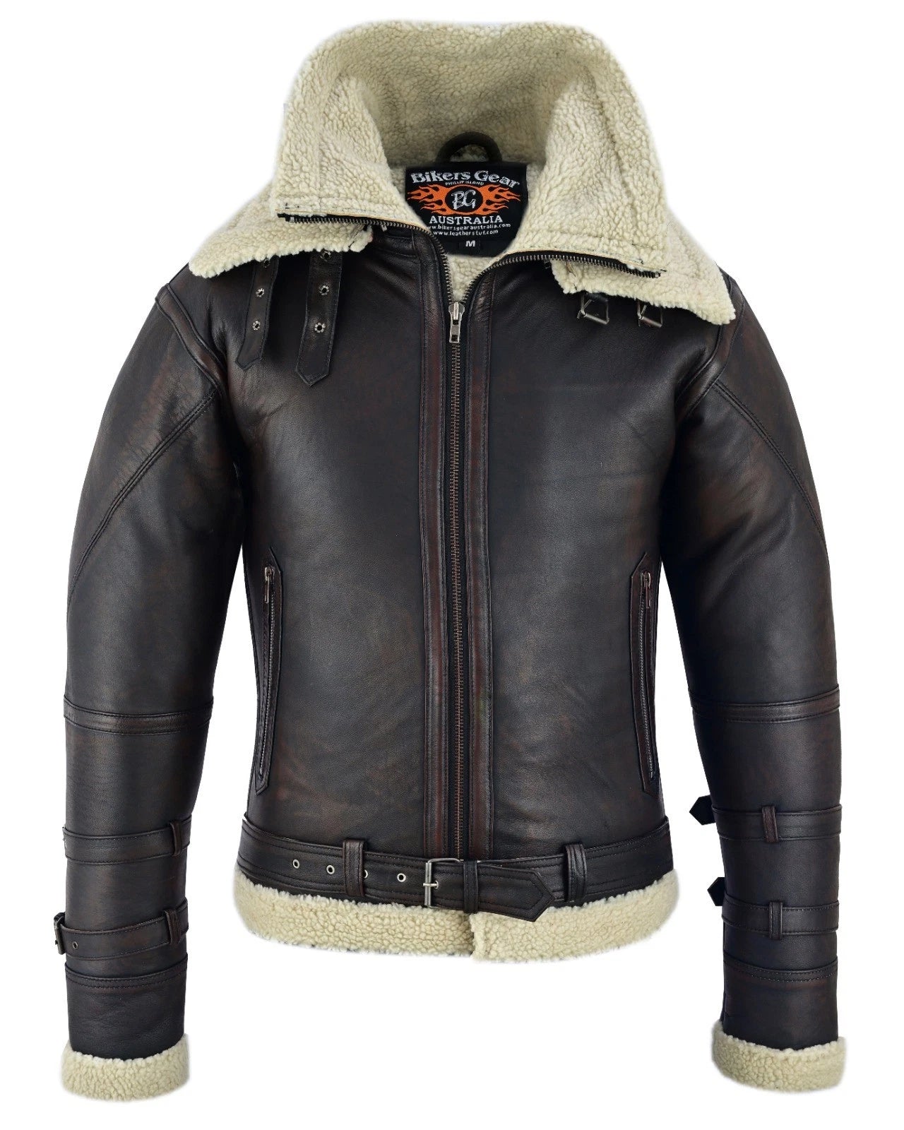 BGA Men's Leather Aviator Bomber Jacket Sheepskin Fur Double Collar