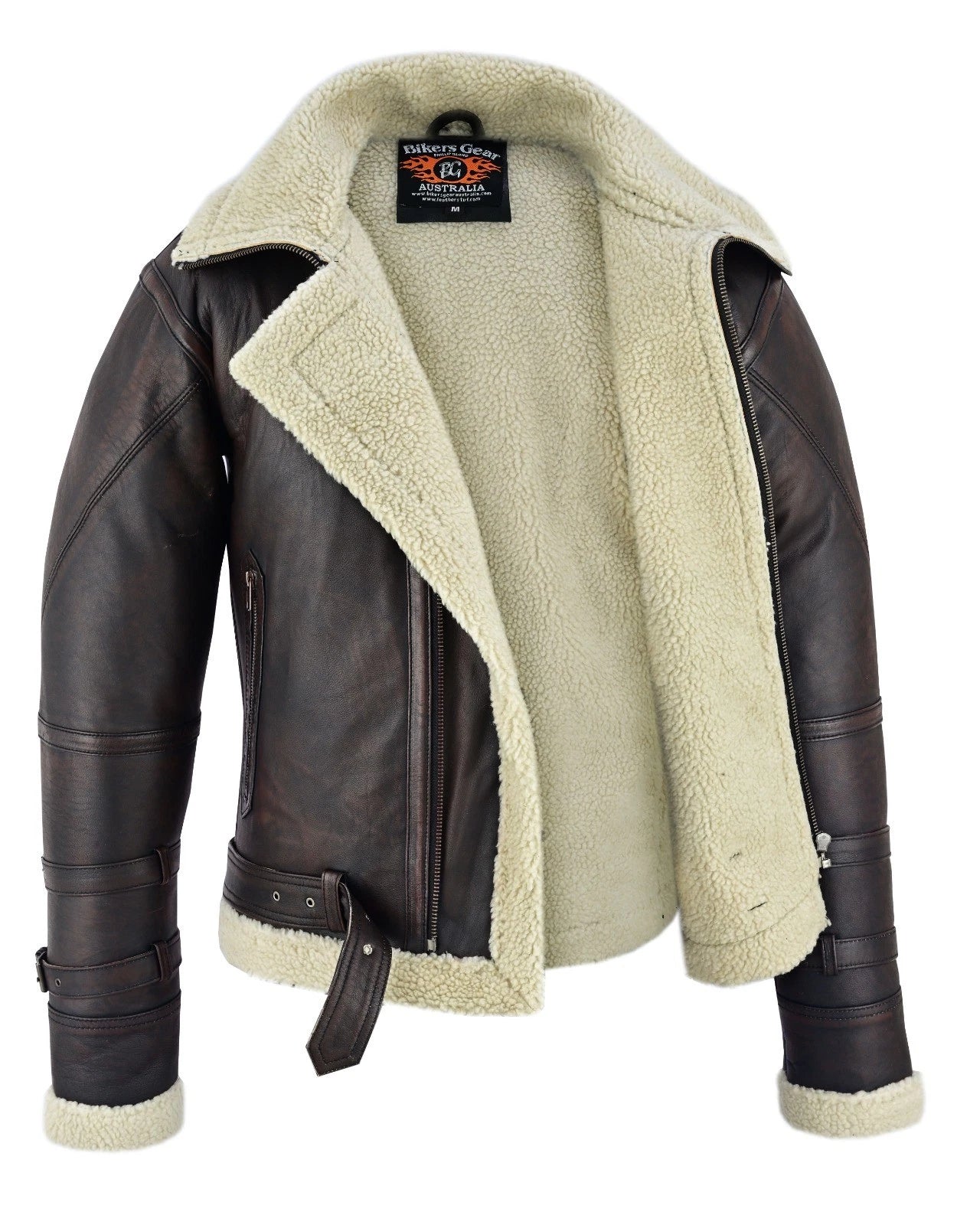 BGA Men's Leather Aviator Bomber Jacket Sheepskin Fur Double Collar