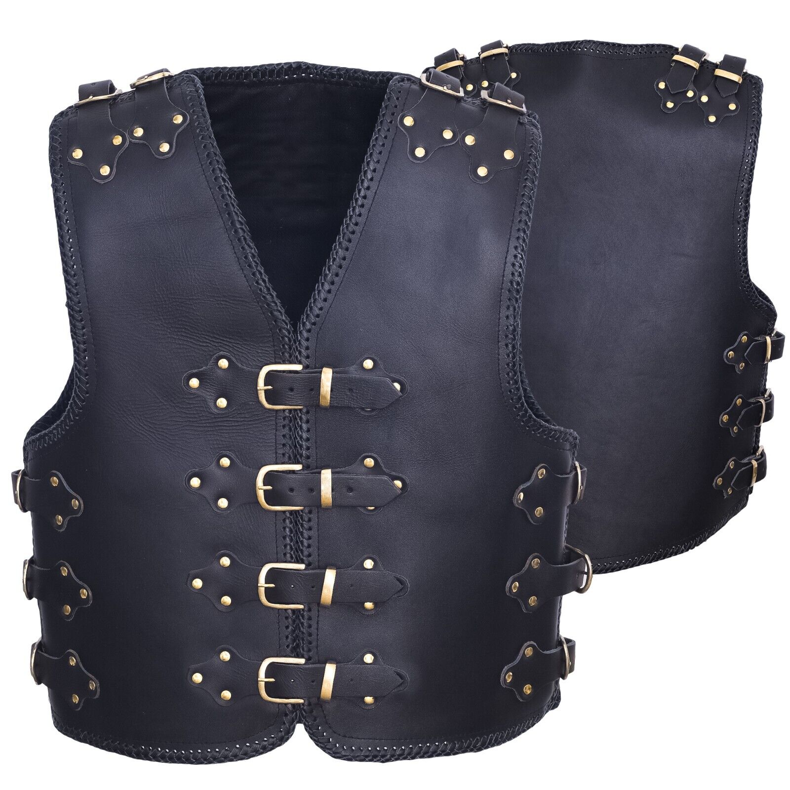 BGA ATLAS 3-4MM HD LEATHER MOTORCYCLE Black VEST GOLD BUCKLES