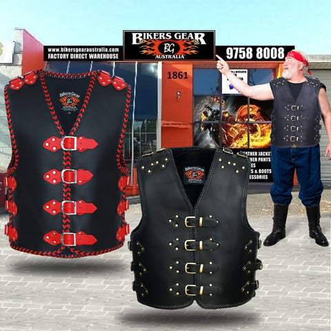BGA ATLAS 3-4MM HD LEATHER MOTORCYCLE VEST GOLD BUCKLES