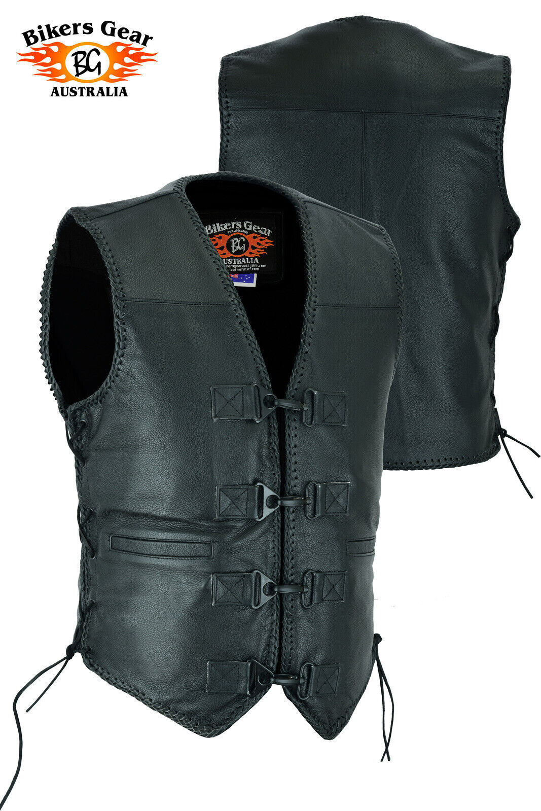 BGA MEN'S RIDER LEATHER MOTORCYCLE VEST BLACK