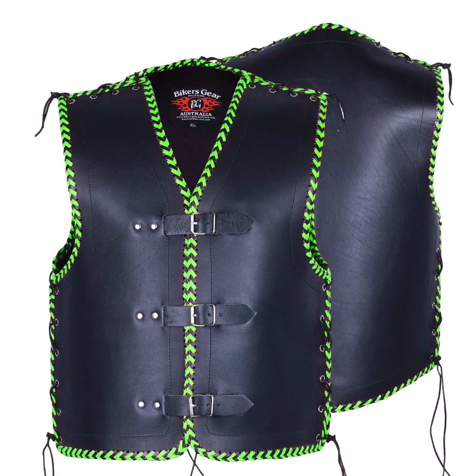 Vigor Men 3MM Leather Braided Motorcycle Club Vest Green