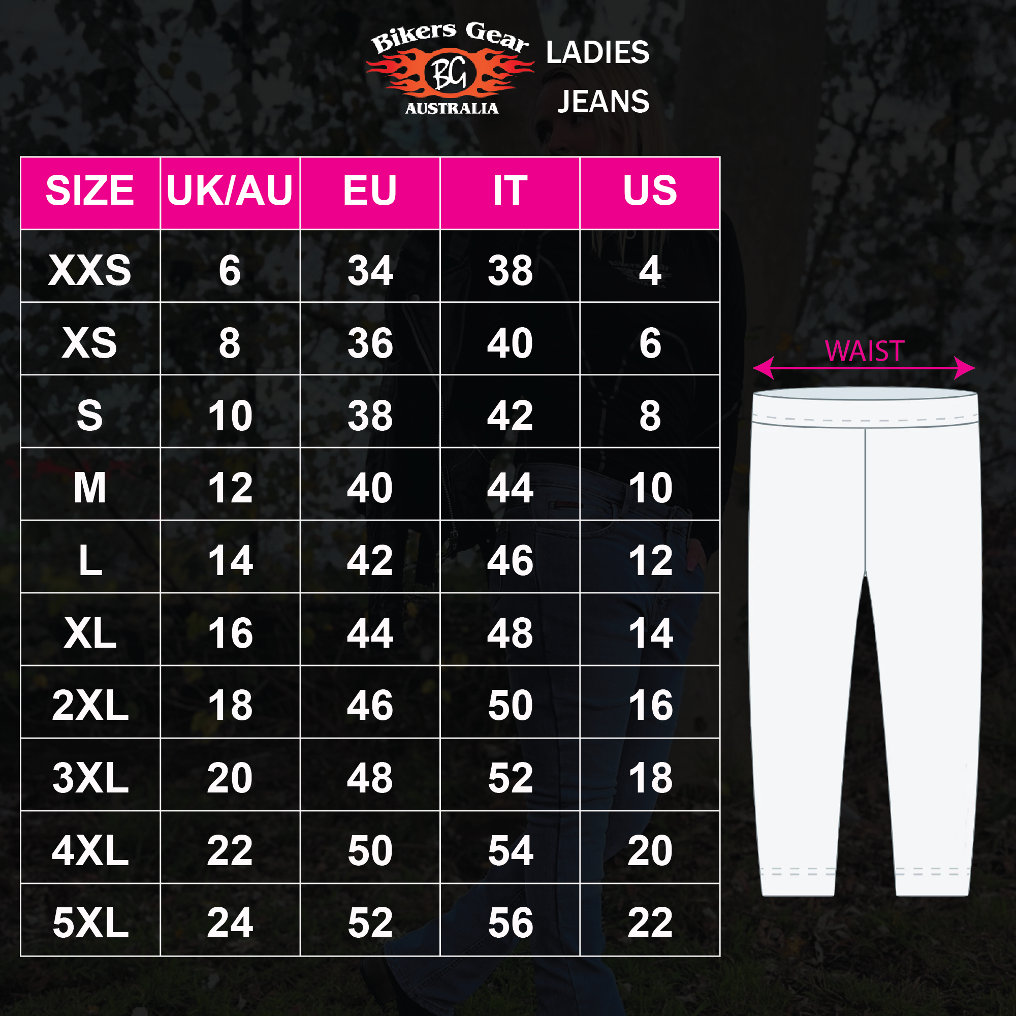 BGA Hobart Mens Leather Motorcycle Jeans Pants Chart Size