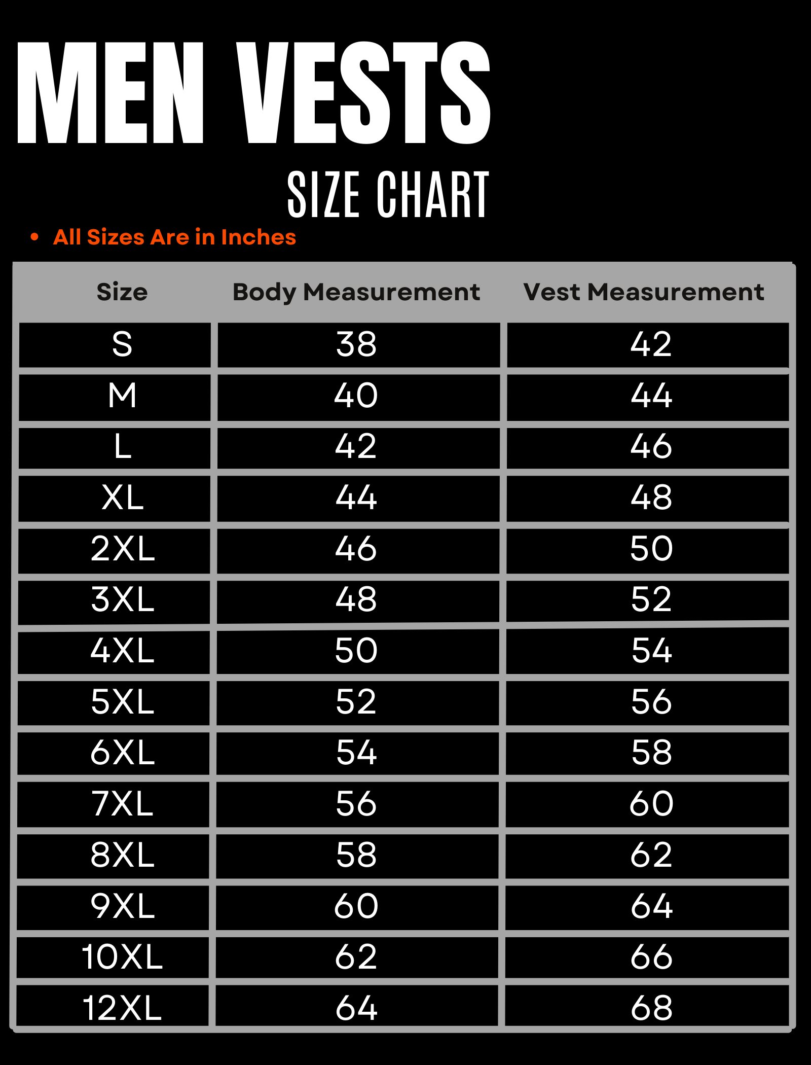 BGA 3-4 mm HD Motorcycle Leather Club Vest Black Size Chart