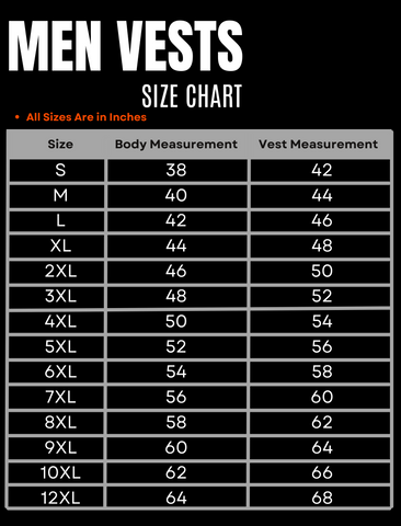 BGA 3-4 mm HD Motorcycle Leather Club Vest Black Size Chart