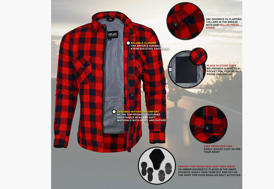 BGA Exo Protective Motorcycle Flannel Shirts Red/Black