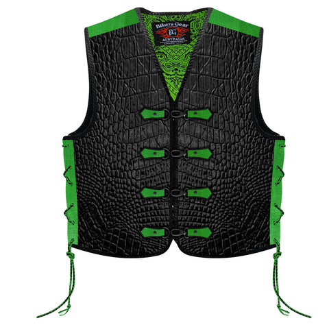 Premium BGA Crocodile Pattern Heavy Duty Leather Motorcycle Motorbike Vest