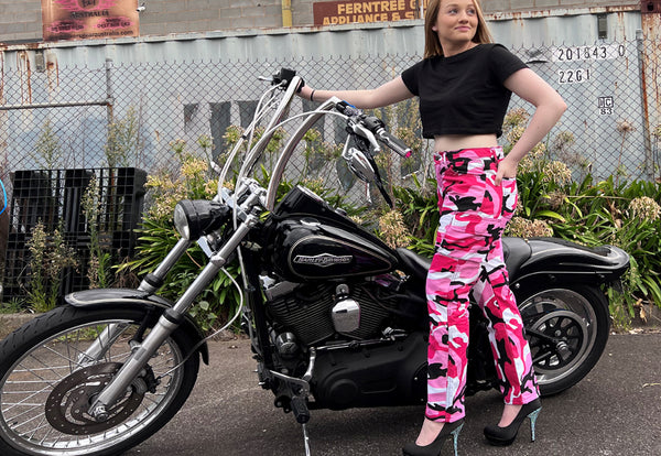 Motorbike Cargo Trouser Pink Camo Ladies Motorcycle Jeans with