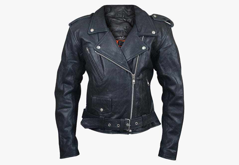 BGA WOMEN BRANDO BELTED BIKER LEATHER JACKET BLACK