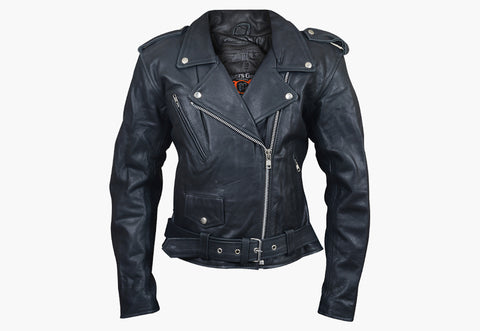 BGA WOMEN BRANDO BELTED BIKER LEATHER JACKET BLACK