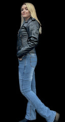 BGA WOMEN BRANDO BELTED BIKER LEATHER JACKET BLACK