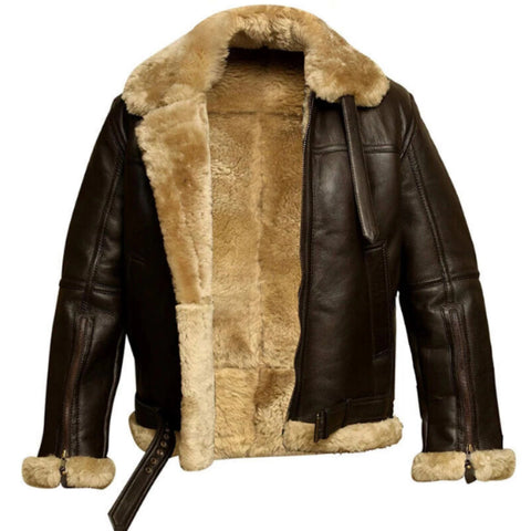 BGA Men's Shearling Bomber Jacket Leather Aviator Coat Brown