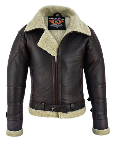 BGA Men's Leather Aviator Bomber Jacket Sheepskin Fur Double Collar