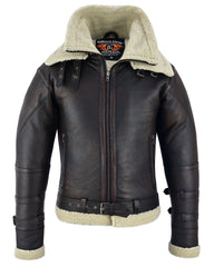 BGA Men's Leather Aviator Bomber Jacket Sheepskin Fur Double Collar