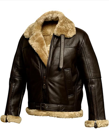 BGA Men's Shearling Bomber Jacket Leather Aviator Coat Brown