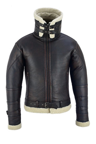 BGA Men's Leather Aviator Bomber Jacket Sheepskin Fur Double Collar