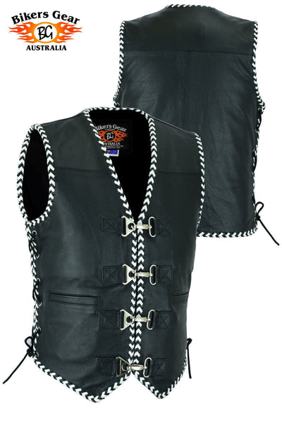 BGA Men's Rider Premium Leather Motorcycle Vests with Braiding and Cli ...