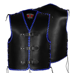 Vigor Men 3MM Leather Braided Motorcycle Club Vest Blue