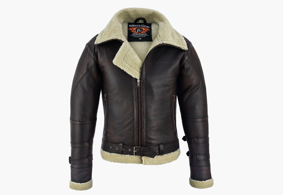 BGA Men's Leather Aviator Bomber Jacket Sheepskin Fur Double Collar