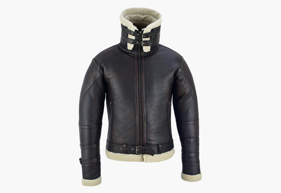 BGA Men's Leather Aviator Bomber Jacket Sheepskin Fur Double Collar