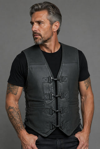 BGA Men's Rider Leather Motorcycle Vest Black