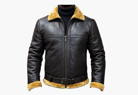 BGA Men's Shearling Bomber Jacket Leather Aviator Coat Brown