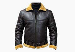 BGA Men's Shearling Bomber Jacket Leather Aviator Coat Brown