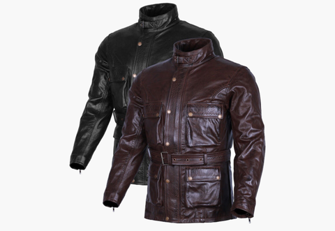 BGA Trail Master vintage waxed leather motorcycle jacket front view