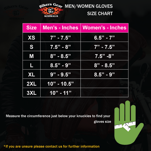 BGA Apex Perforated Short Summer Motorcycle Gloves Size Chart