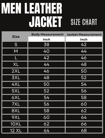 BGA ROADSTER CLASSIC LEATHER JACKET BLACK Size Chart