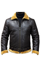 BGA Men's Shearling Bomber Jacket Leather Aviator Coat Brown