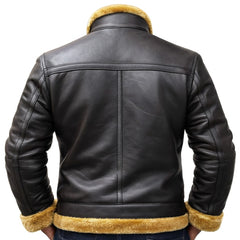 BGA Men's Shearling Bomber Jacket Leather Aviator Coat Brown