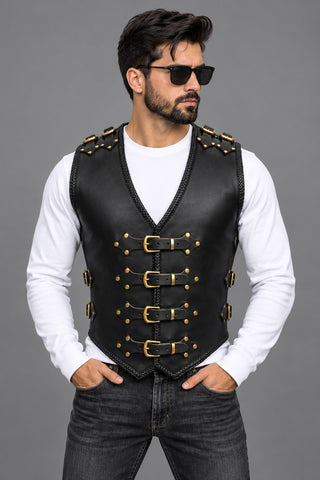BGA Atlas 3-4mm HD Leather Motorcycle Vest Gold Buckles