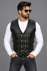 BGA Atlas 3-4mm HD Leather Motorcycle Vest Gold Buckles