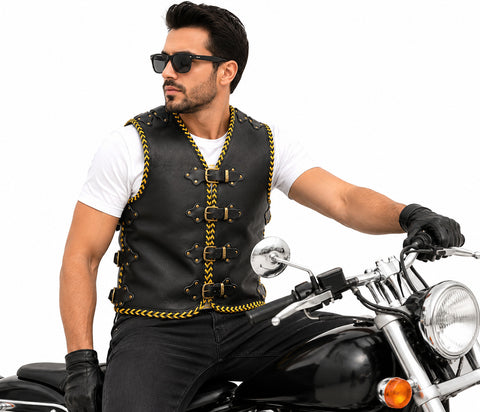 BGA Parkes 3-4mm HD Leather Motorcycle Club Vest Yellow Braiding ** Pre Order **