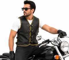 BGA Parkes 3-4mm HD Leather Motorcycle Club Vest Yellow Braiding ** Pre Order **