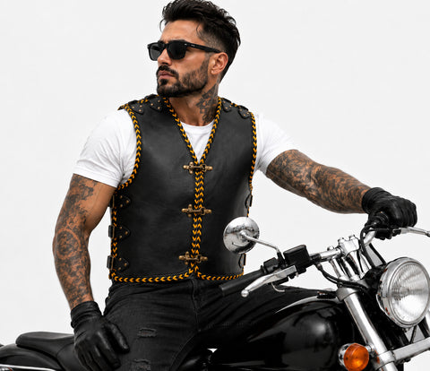 BGA Atlas 3-4mm HD Leather Motorcycle Braided Club Vest Yellow Braiding