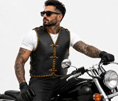 BGA Atlas 3-4mm HD Leather Motorcycle Braided Club Vest Yellow Braiding