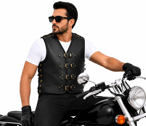 BGA Voodoo 3-4mm HD 3-4mm Leather Motorcycle Club Vest Black Braid Brass Buckles
