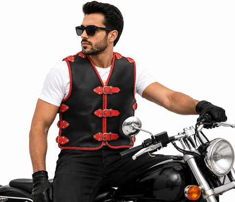 BGA Hunt 3-4mm HD Leather Braided Motorcycle Club Vest Red Braiding & Buckles
