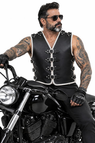 BGA Atlas 3-4mm HD Leather Motorcycle Braided Club Vest White Paisley Liner