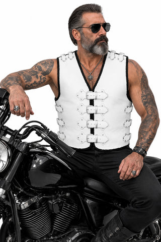 BGA Atlas 4mm HD Motorcycle Leather Vest White With Silver Buckles