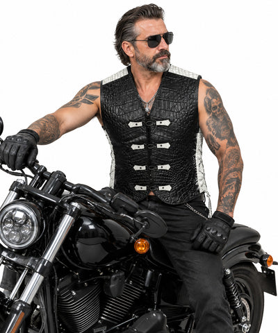 Premium BGA Crocodile Pattern Heavy Duty Leather Motorcycle Motorbike Vest