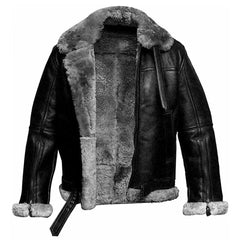 Men B3 Bomber Flying RAF Aviator Real Fur Collar Leather Jacket with Grey Fur